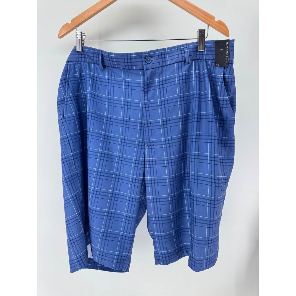 Pebble Beach Golf Shorts Mens 42‎ Blue New Plaid Performance Moisture Wicking